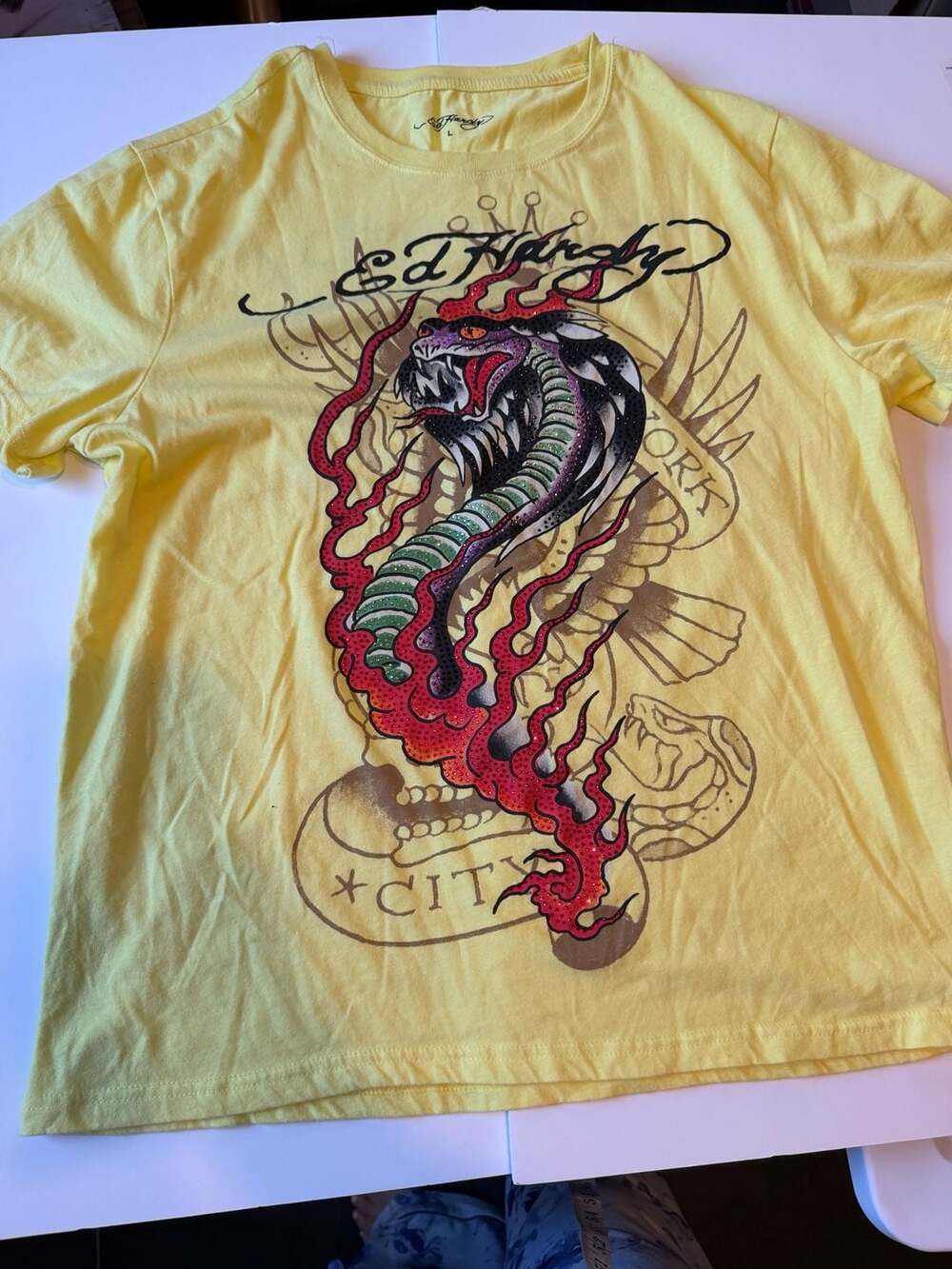 Ed Hardy Cobra Flame with Rhinestone SS Tee (Lemon)